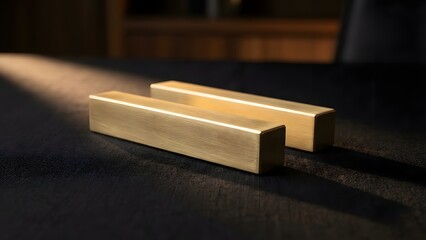 Brushed gold paperweights arranged in parallel on black linen; minimal luxury composition with warm highlights and executive calm.