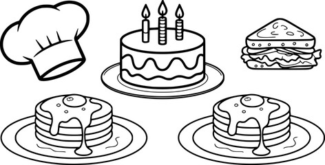 A Collection of Delicious Food Items and a Chef's Hat in a Simple Line Drawing