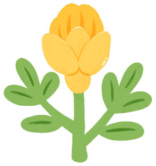 Isolated yellow flower with green leaves illustration. Cute floral doodle for invitation, floral arrangement, journaling, planner, greeting card, and decorative projects.