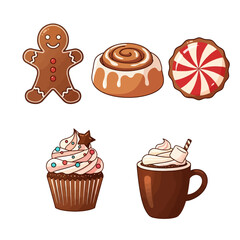 Cute Christmas Dessert and Hot Cocoa Icon Set