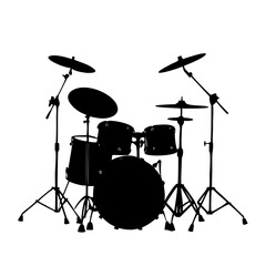 Studio music rock drummer silhouette photo of a black drum kit set instrument equipment on a stand with flash light