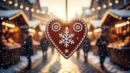 Gingerbread heart cookie with snowflakes hanging in winter market