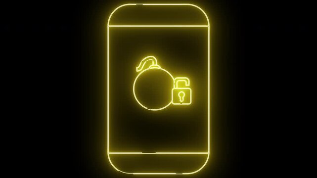 Yellow neon smartphone outline displays a bomb and unlocked padlock icon on a black backdrop