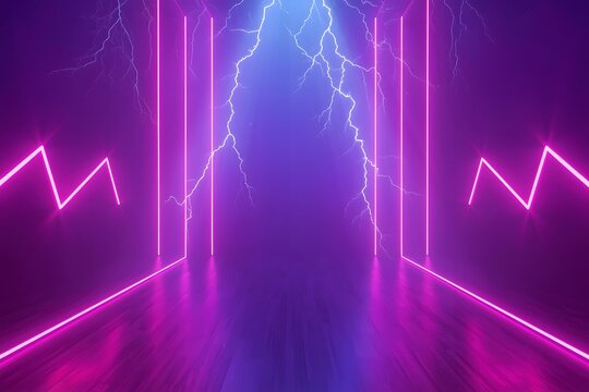 3d render, abstract background, glowing lines, lightning, ultraviolet, neon lights, laser show, virtual reality, zigzag rays.