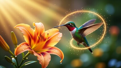 Obraz premium Hummingbird hovering near dewcovered orange lily
