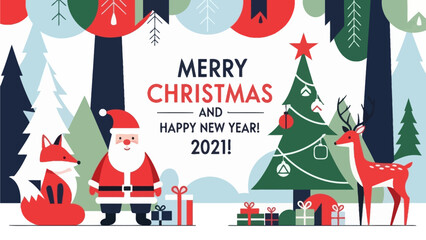 Fototapeta premium Festive Christmas and New Year 2021 illustration with Santa, reindeer, fox, and gifts.