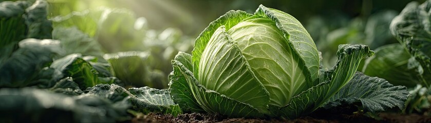 Fototapeta premium A vibrant green cabbage grows amidst lush foliage, illuminated by soft sunlight, showcasing its fresh, healthy appearance.