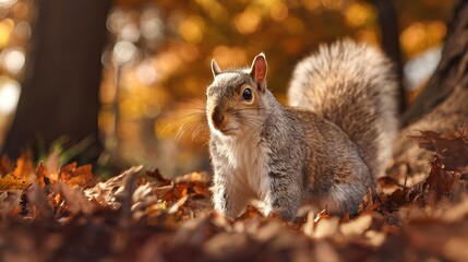 Curious Squirrel Foraging Among Fallen Autumn Leaves in a Sunny Forest.