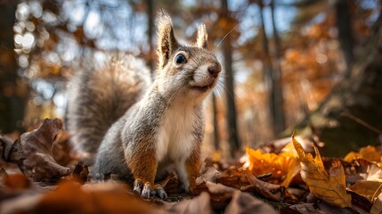Fototapeta premium Curious Squirrel Foraging Among Fallen Autumn Leaves in a Vibrant Forest Setting.