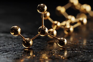 golden molecular structure floating on black glossy background, luxury scientific concept