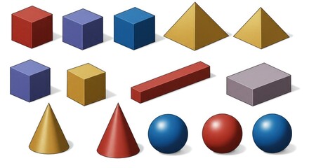 Isometric 3D geometric shapes cubes, pyramids, cones, spheres, and prisms