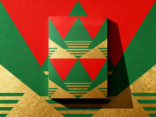 Geometric Green Red Gold Box With Triangular Pattern On Decorative Packaging Design