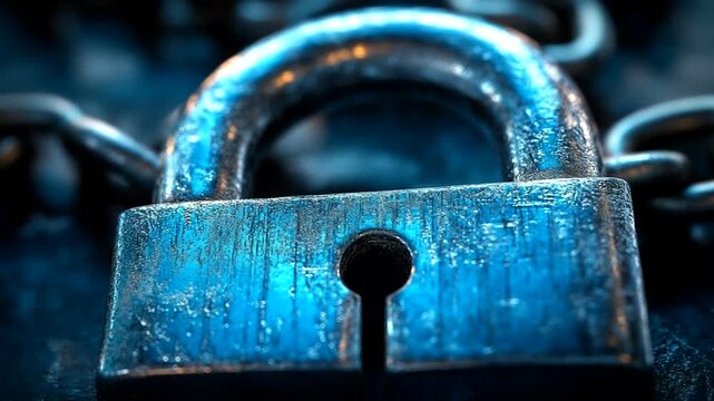 Close-up of a rusty lock and chain on a dark surface