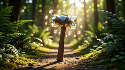 Crystal hammer with glowing gems in forest sunlight