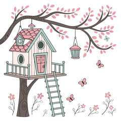 Fairy hanging house with flowers, balcony, lanterns and rope ladder on blossom branch. 