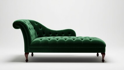 Green tufted chaise lounge on white background