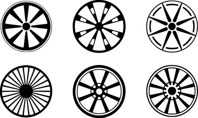 Collection of Six Stylized Black and White Wheel Icons