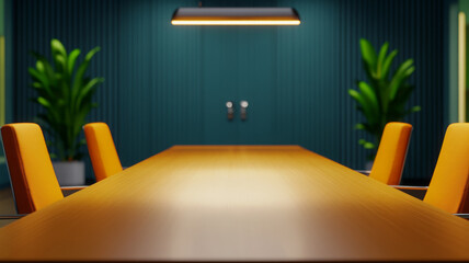 Modern conference room with long wooden table, orange chairs, green plants, and soft lighting