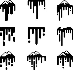 Collection of stylized mountain and abstract dripping icons in black and white