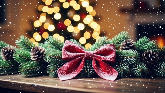 Christmas bow on evergreen branches with snow and lights - Powered by Adobe