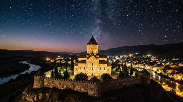 Illuminated Svetitskhoveli Cathedral Under Milky Way at Night in Mtskheta, Georgia