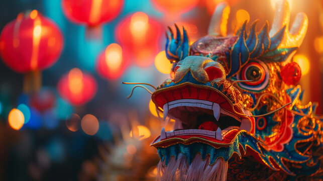 Colorful Chinese dragon head with lanterns at night festival - Powered by Adobe
