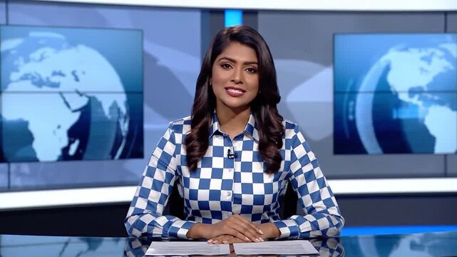 A female news anchor in a checkered shirt presents news with global maps on screens