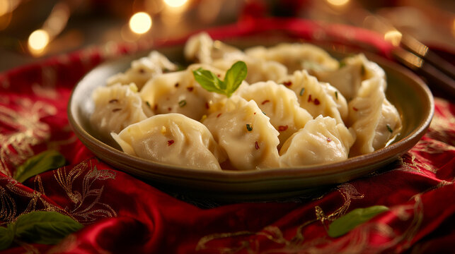 Steamed dumplings in bowl with herbs on red festive cloth