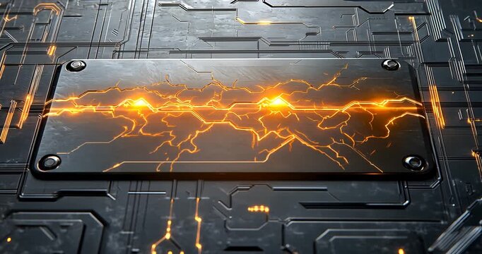 Futuristic metallic panel with glowing circuitry and electric sparks in a tech-inspired environment