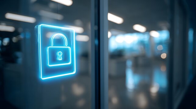 Cybersecurity padlock icon glowing on glass, symbolizing digital protection and data security.