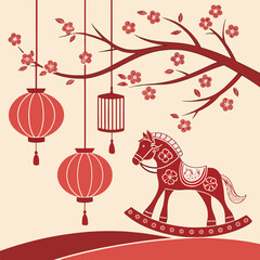 chinese new year greeting card,Red decorative scene with lanterns, plum blossoms, and horse figurine for festive decor