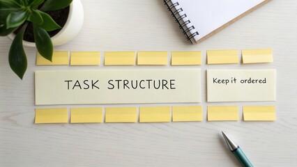 Task Structure Organization with Sticky Notes and Plant on Clean Workspace for Productivity and Efficiency Enhancement