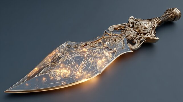 Epic golden glaive of a mythic asura with polished gold metal, engraved celestial patterns, ornate hilt, large blade glowing faintly under cinematic lighting, hyper-detailed and photorealistic