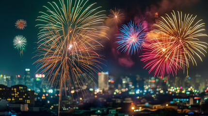 Colorful fireworks over modern city skyline at night