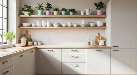 Modern Kitchen Interior with Plants and Shelves.