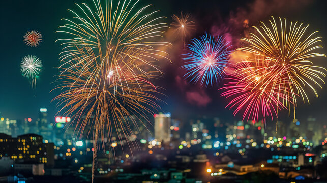 Colorful fireworks over modern city skyline at night - Powered by Adobe