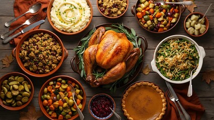 Abundant Thanksgiving Feast Spread on Wooden Table