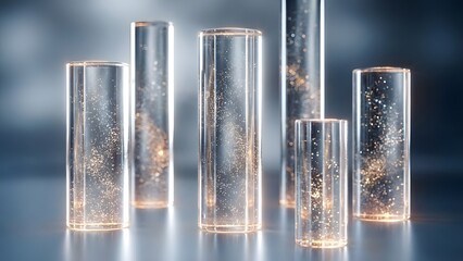 Abstract financial concept featuring glowing glass columns of varying heights filled with floating micro-particles. Backlit with rim highlights to convey growth and delicate fragility.