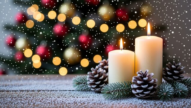 Lit candles pinecones snow on Christmas tree