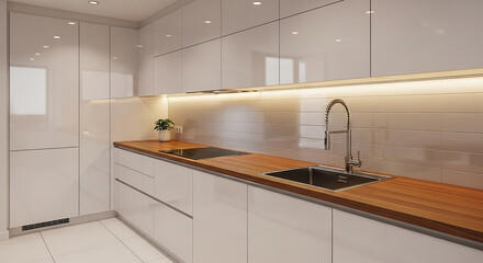 Modern Kitchen with White Cabinets and Wood Countertops.