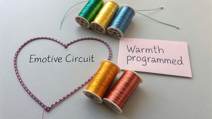 Heart-shaped design with colorful spools of thread and a card demonstrating warmth and creativity in crafting and DIY projects