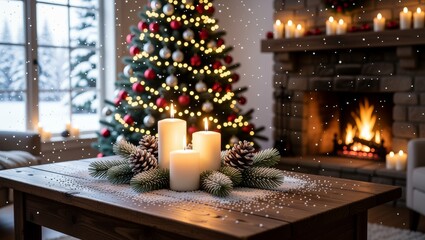 Cozy Christmas living room with tree, fireplace, and candles