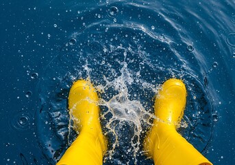Yellow rain boots splashing in water, creating ripples and splashes, symbolizing outdoor fun and protection from wet weather conditions
