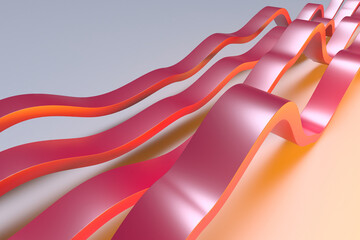 Abstract wavy bands in pink and orange with soft gradient background. 3d render