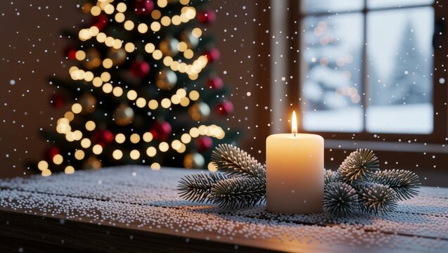 Lit candle with pine branches and Christmas tree in snowy room
