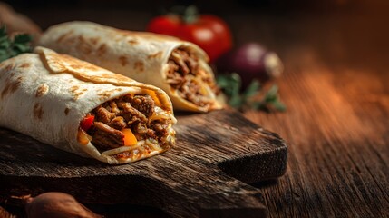 Delicious Beef Burritos on a Rustic Wooden Board with Fresh Ingredients.
