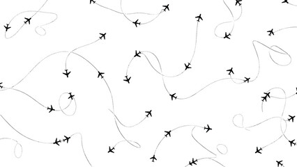 Airplane routes pattern, dotted flight paths, black plane silhouettes on white background, abstract travel, air traffic, destination, and global transportation illustration.
