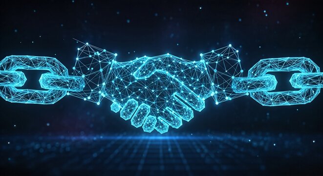 Blockchain network and handshake icon representing a secure digital transaction and business partnership in a futuristic technological concept