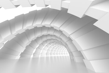 Futuristic white geometric tunnel with abstract arch design for modern background. 3d render