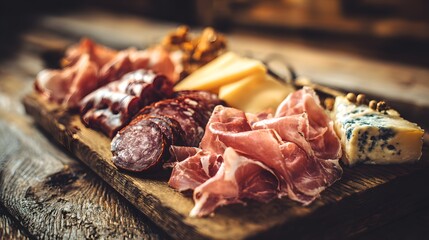 Delicious Charcuterie Board with Assorted Meats and Cheeses on a Rustic Wooden Platter.